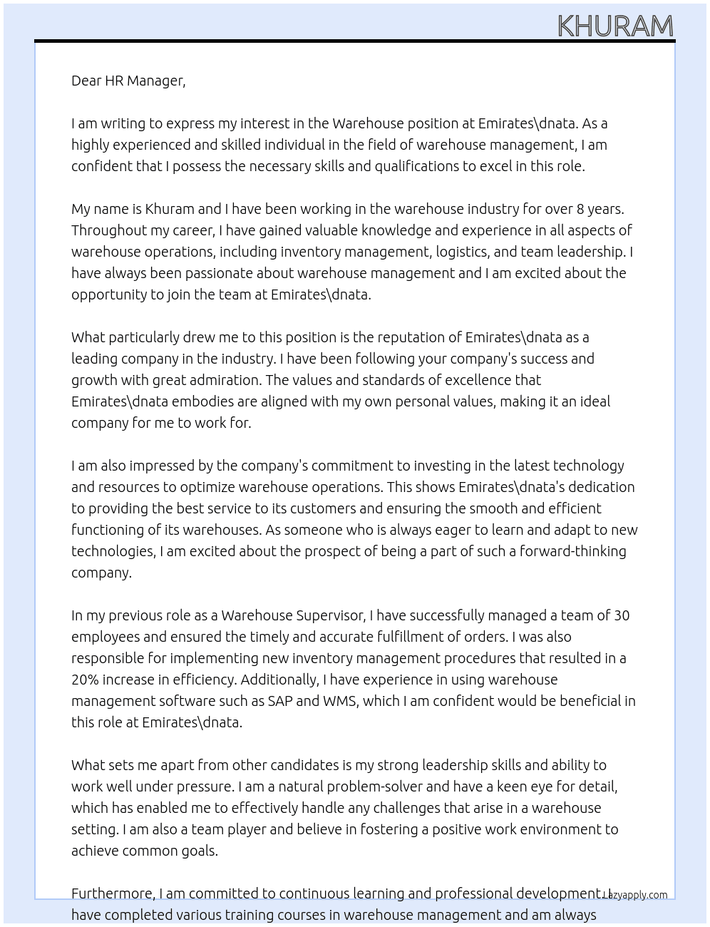 warehouse At emirates\dnata Cover Letter