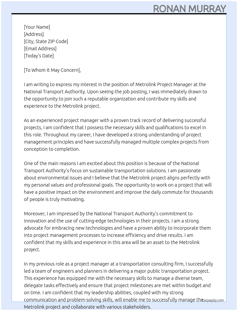 Metrolink Project Manager  At National Transport Authority  Cover Letter