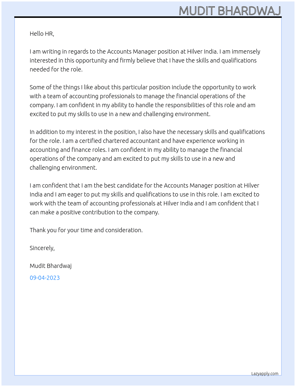 Accounts Manager  At Hilver India  Cover Letter