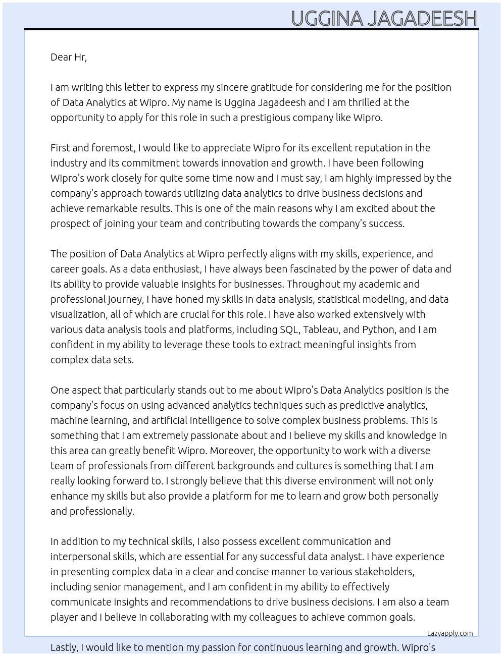 Data analytics At Wipro Cover Letter