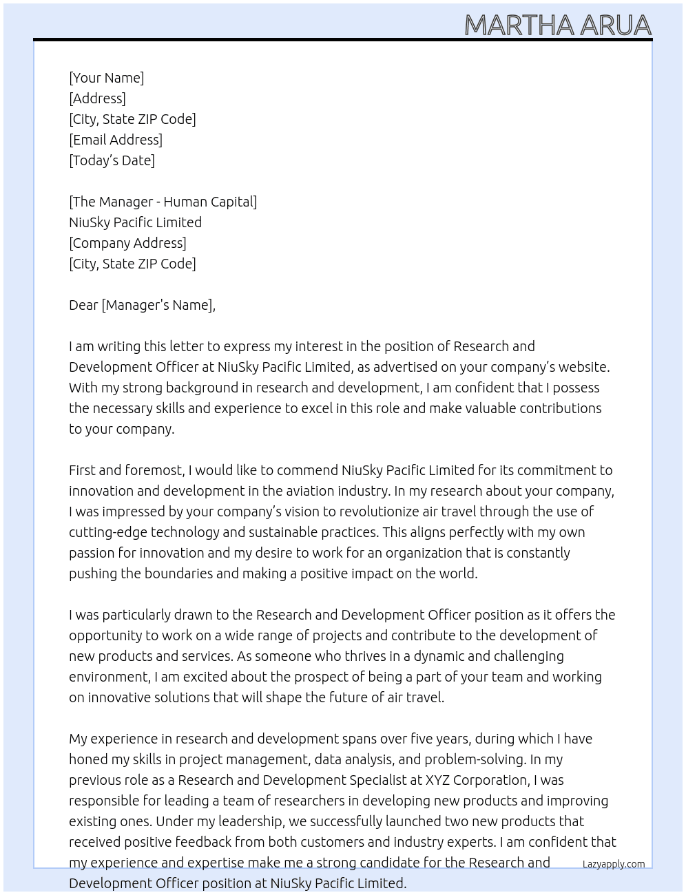 Research and Development officer At NiuSky Pacific Limited  Cover Letter