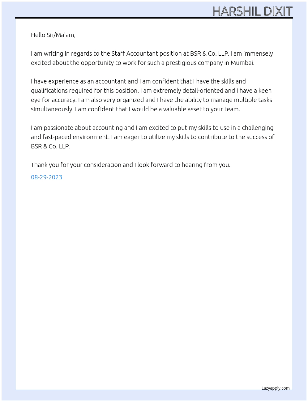 Staff Accountant  At BSR & Co. LLP Cover Letter