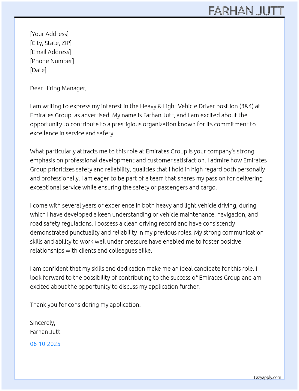 Cover letter for heavy & light vehicle driver 3&4 - LazyApply