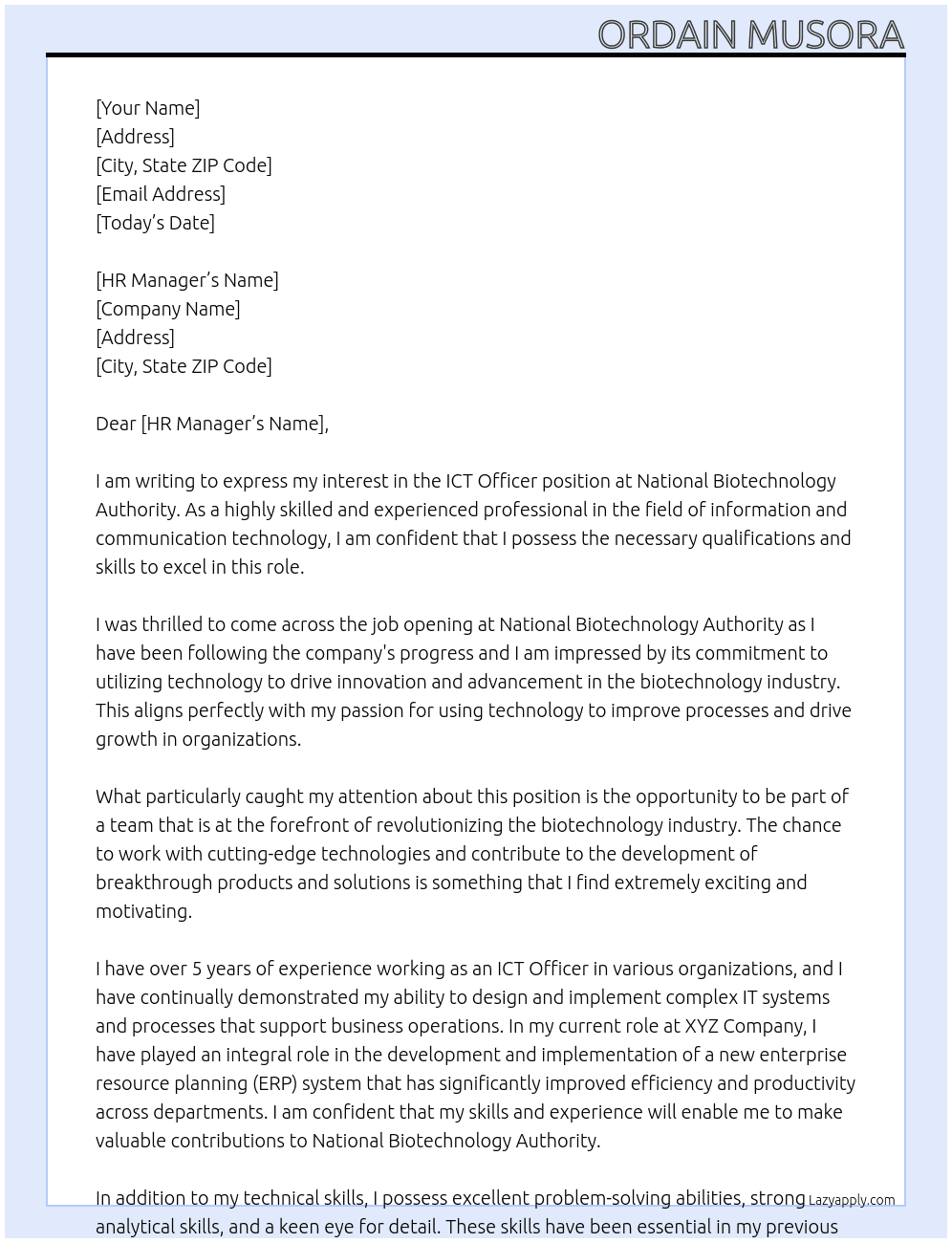 ICT Officer At  National Biotechnology Authority Cover Letter