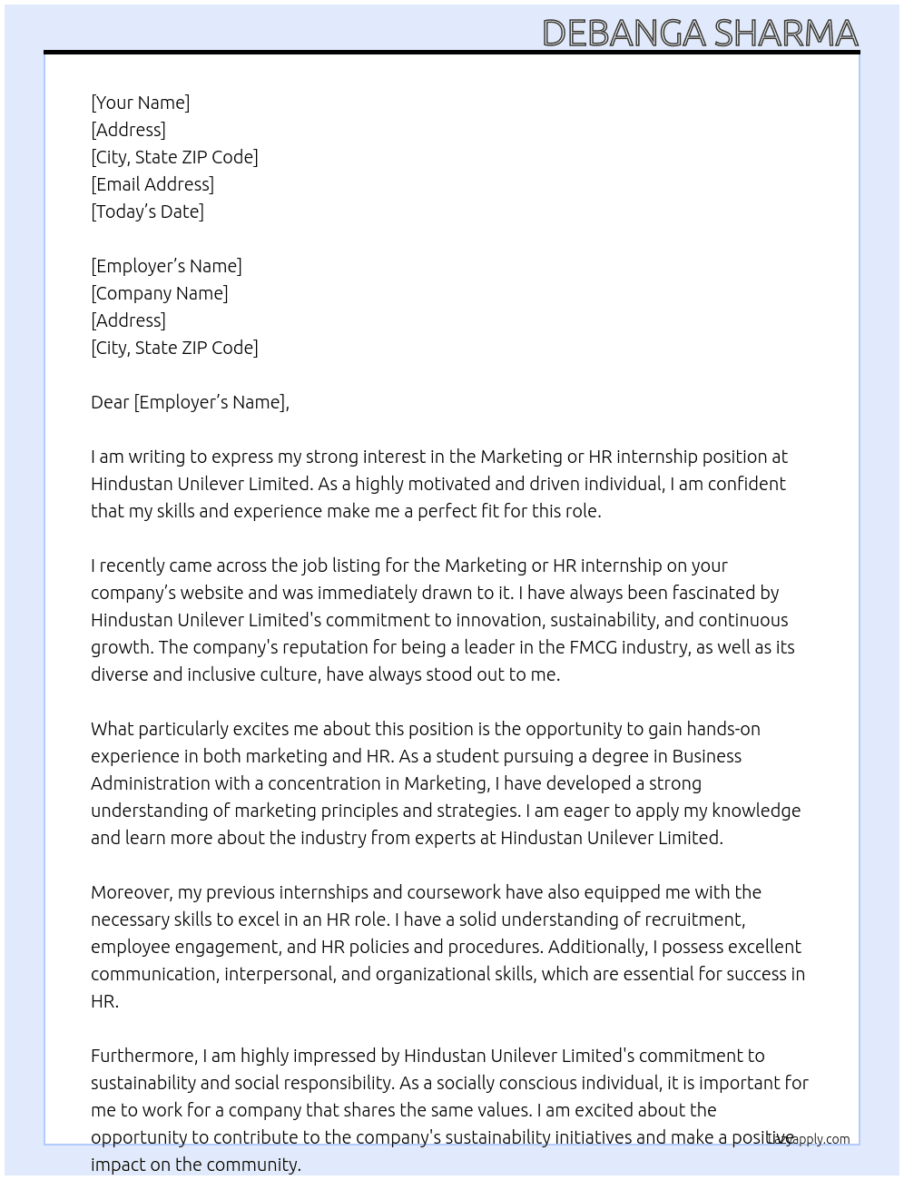 Marketing Or HR internship At Hindustan Unilever Limited Cover Letter