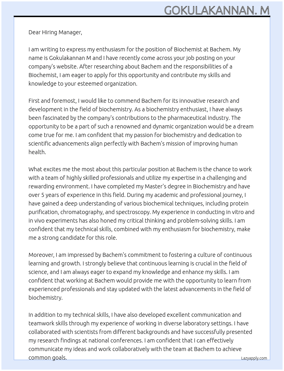 Biochemist At Bachem Cover Letter