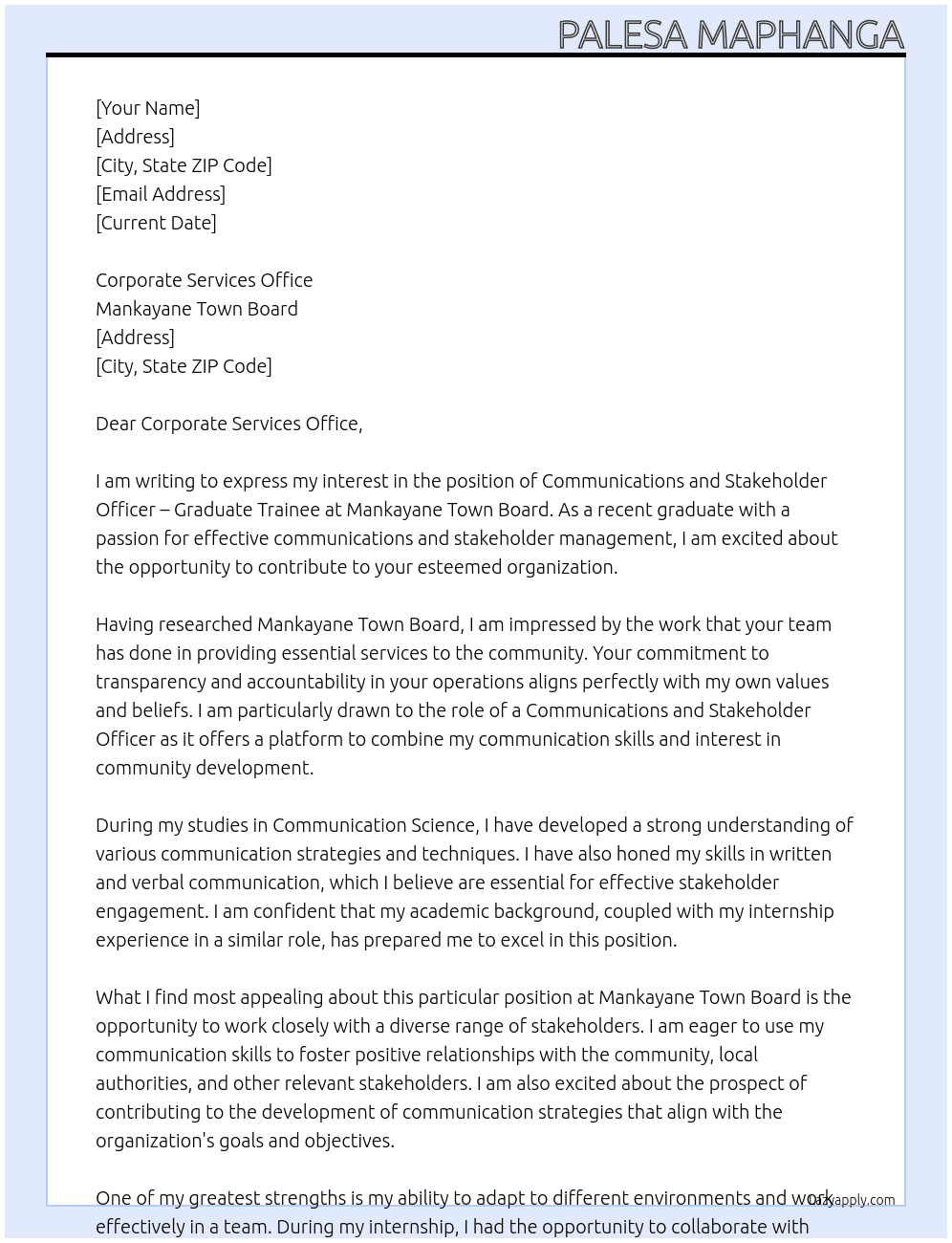 Communications and Stakeholder Officer – Graduate Trainee At Mankayane Town Board Cover Letter