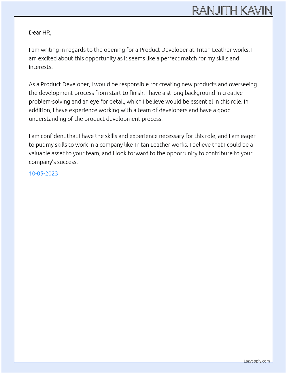Product developer  At Tritan Leather works Cover Letter