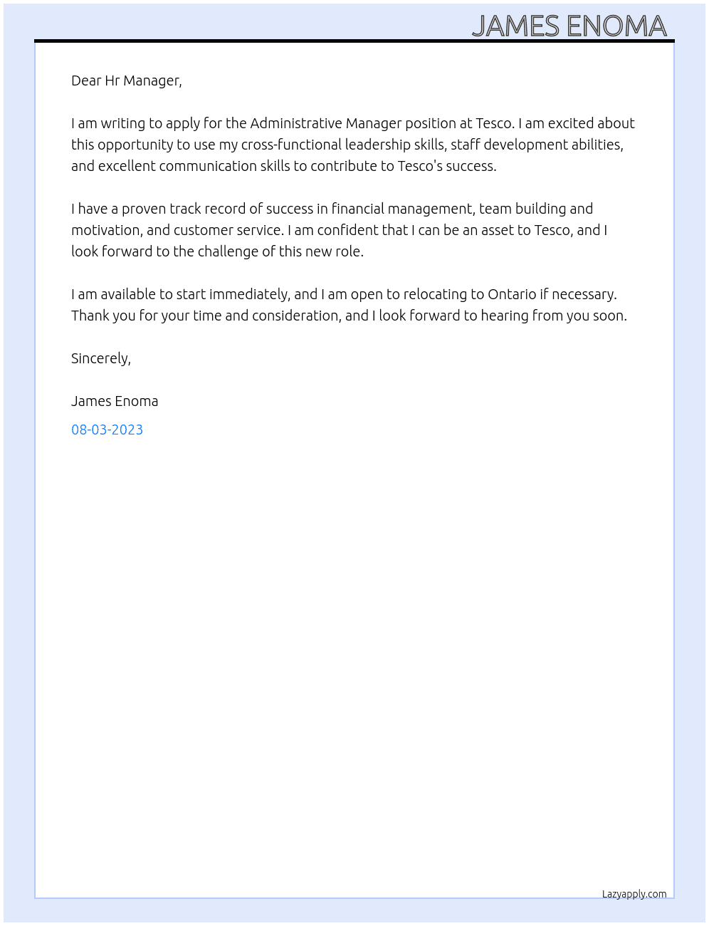 Administrative Manager   At Tesco Cover Letter
