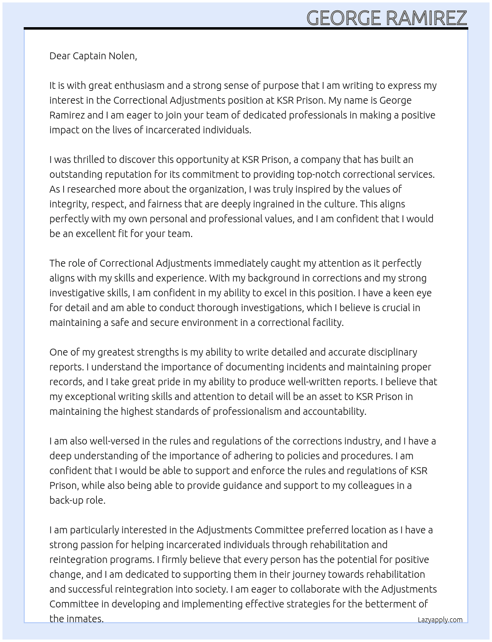 Correctional Adjustments  At KSR Prison Cover Letter