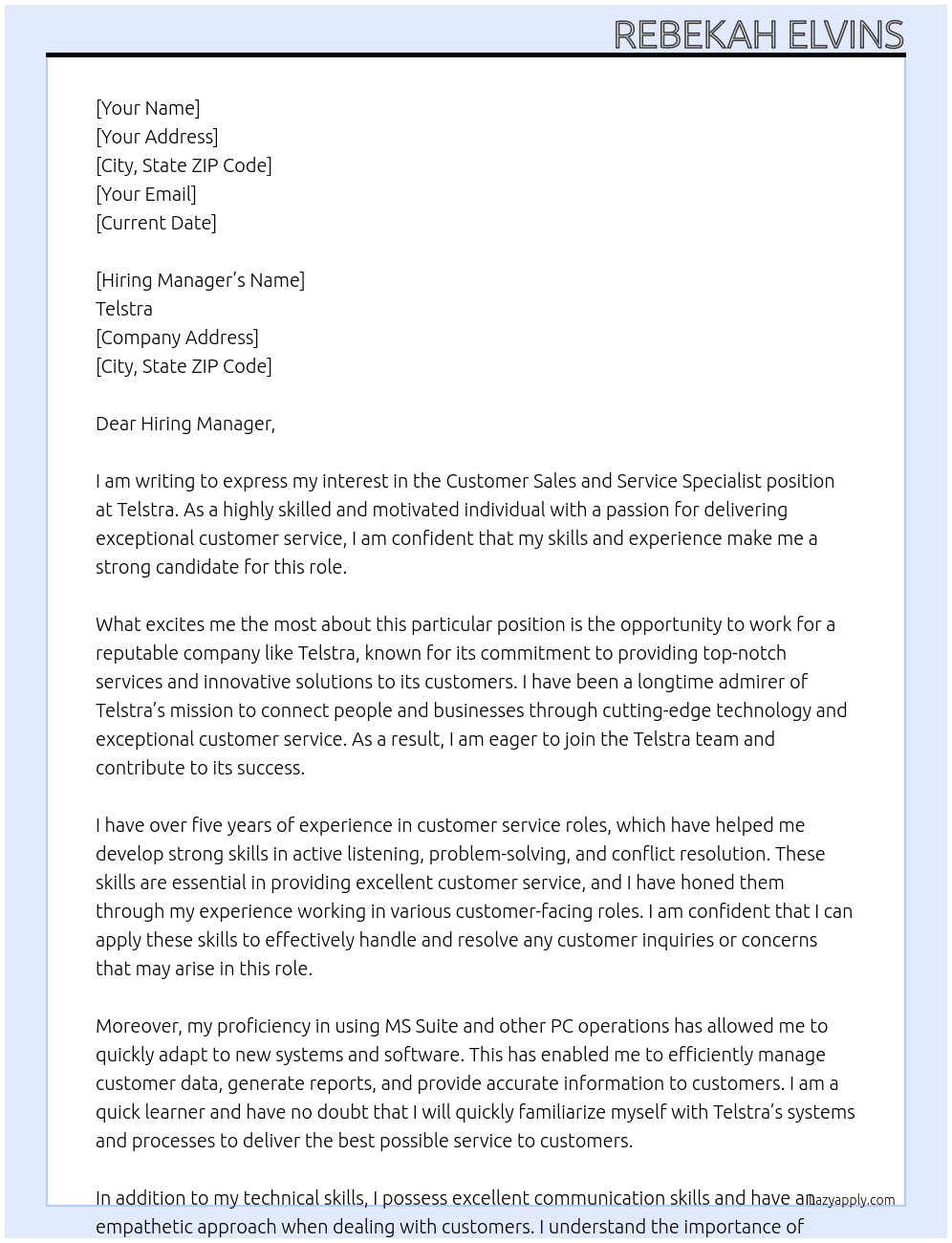 Customer Sales and Service Specialist At Telstra Cover Letter