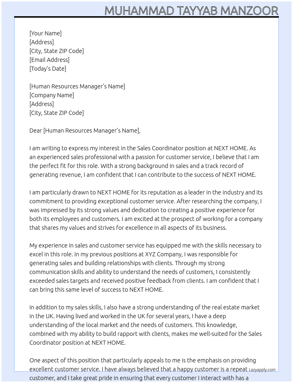 Sales coordinator  At NEXT HOME Cover Letter