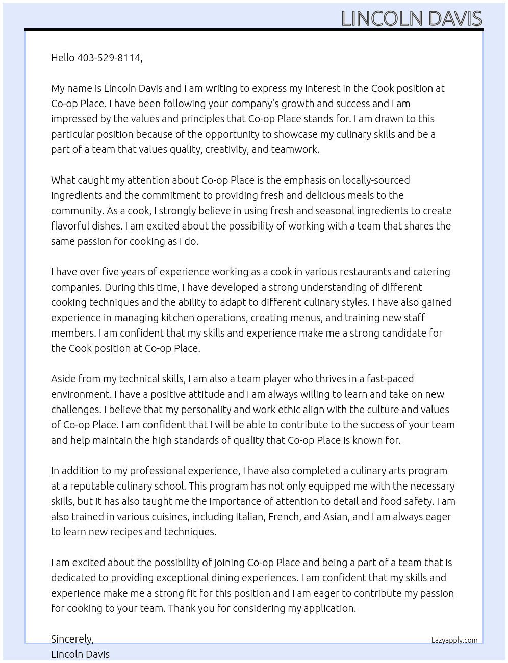 cook At Co-op place Cover Letter