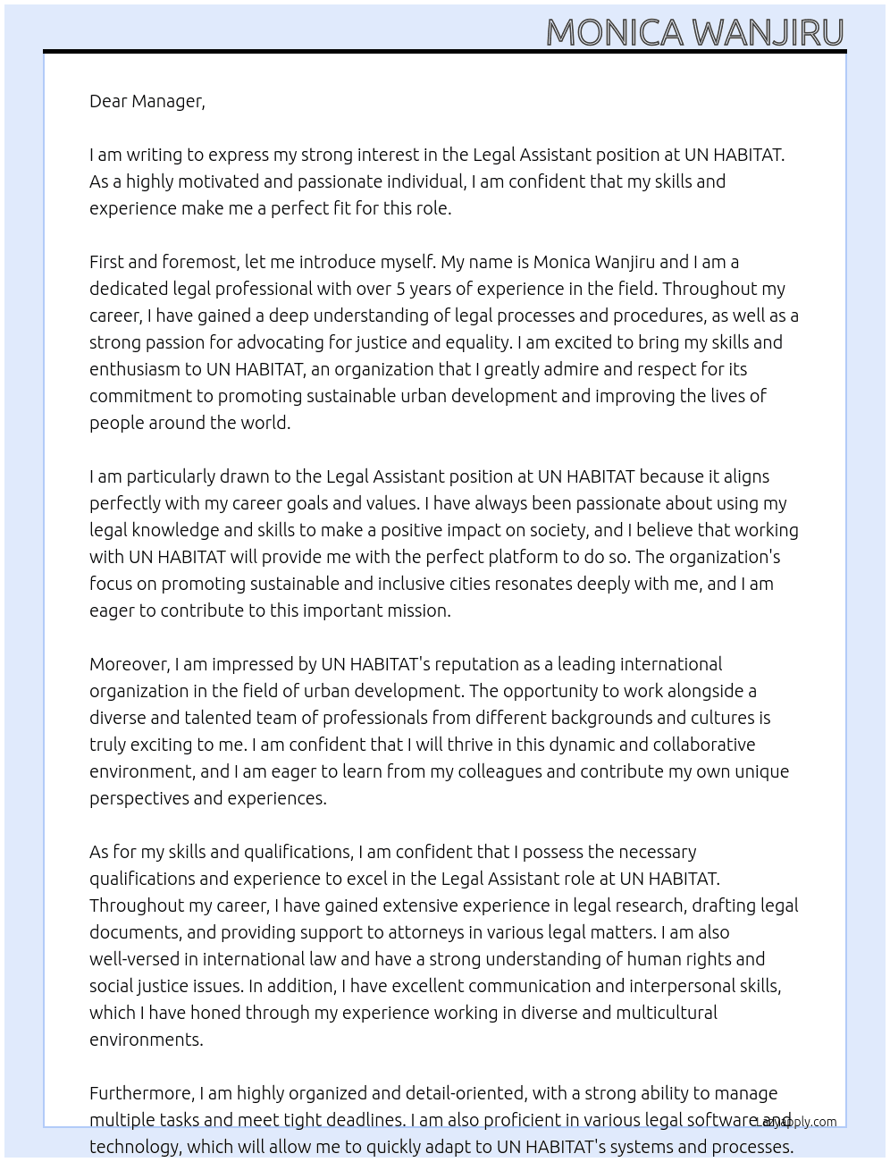Legal assistant At UN HABITAT Cover Letter
