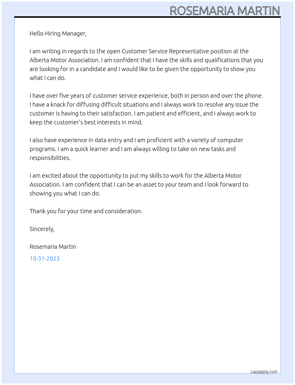 Customer Service Representative At Alberta Motor Association Cover Letter