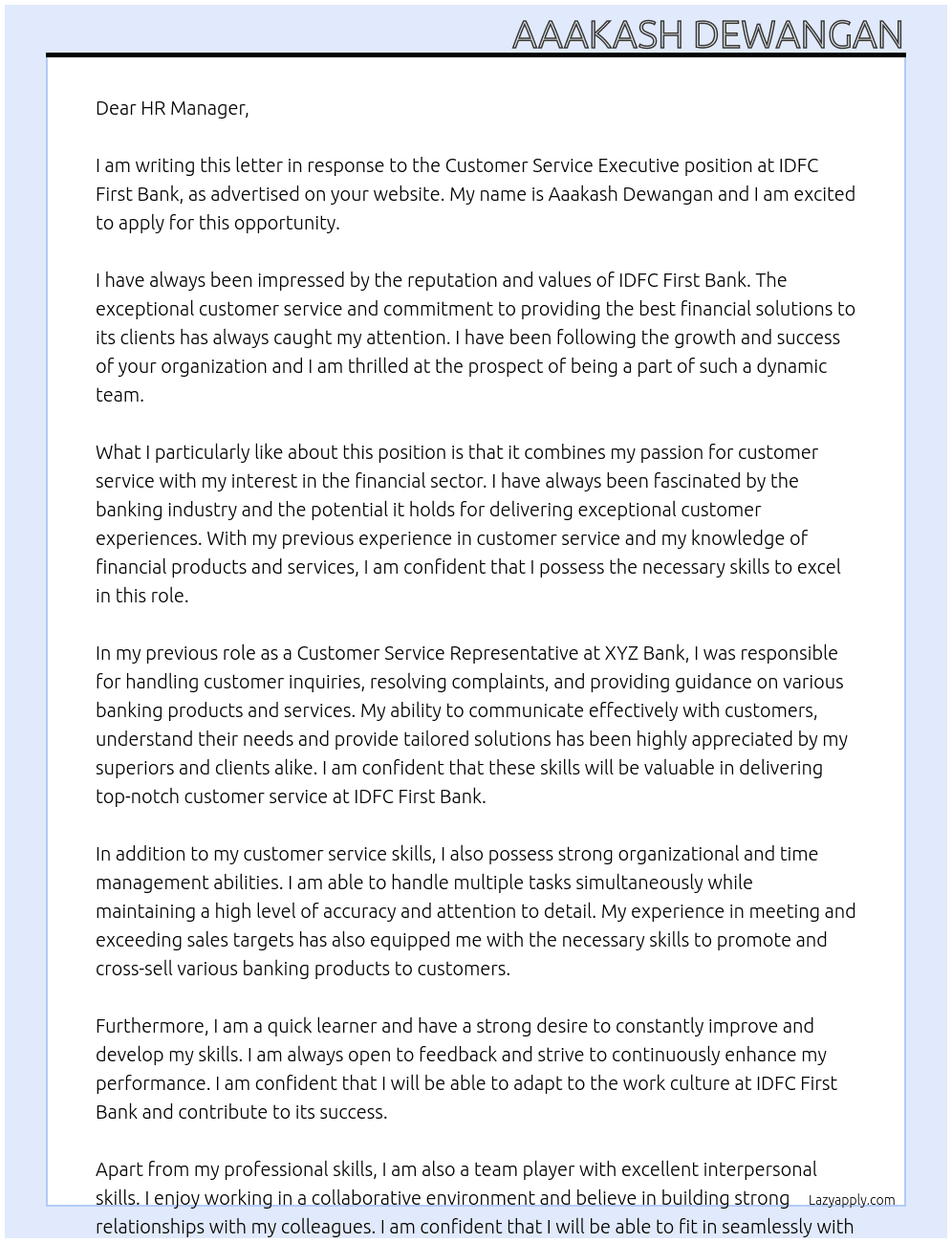 Customer Service Executive At IDFC First Bank Cover Letter