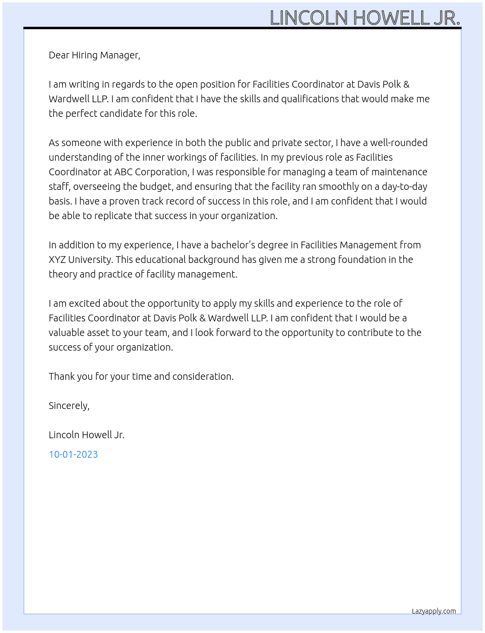 Facilities Coordinator At Davis Polk & Wardwell LLP Cover Letter