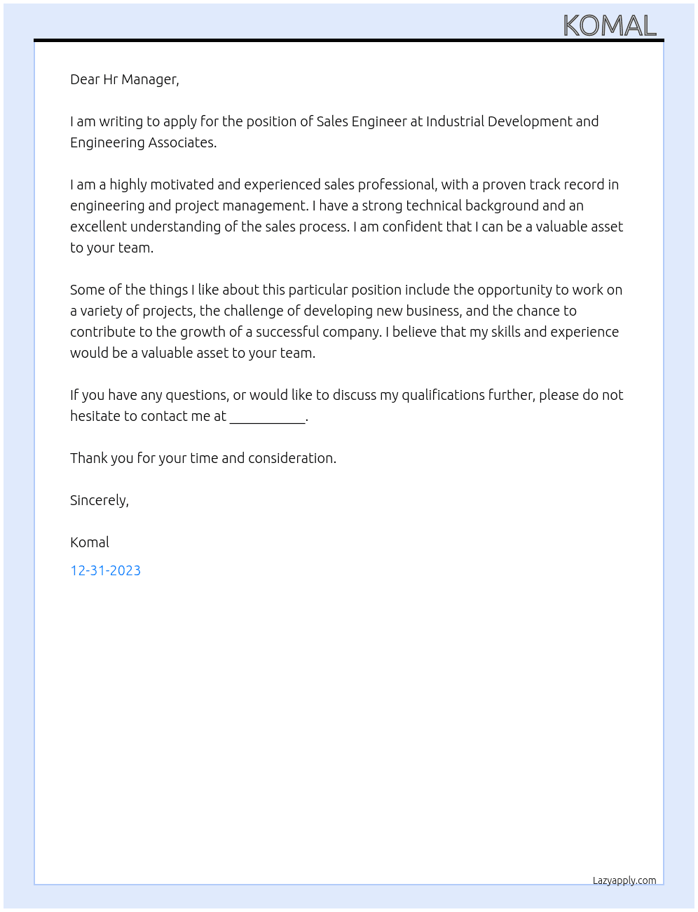 Sales Engineer  At Industrial Development and Engineering Associates Cover Letter