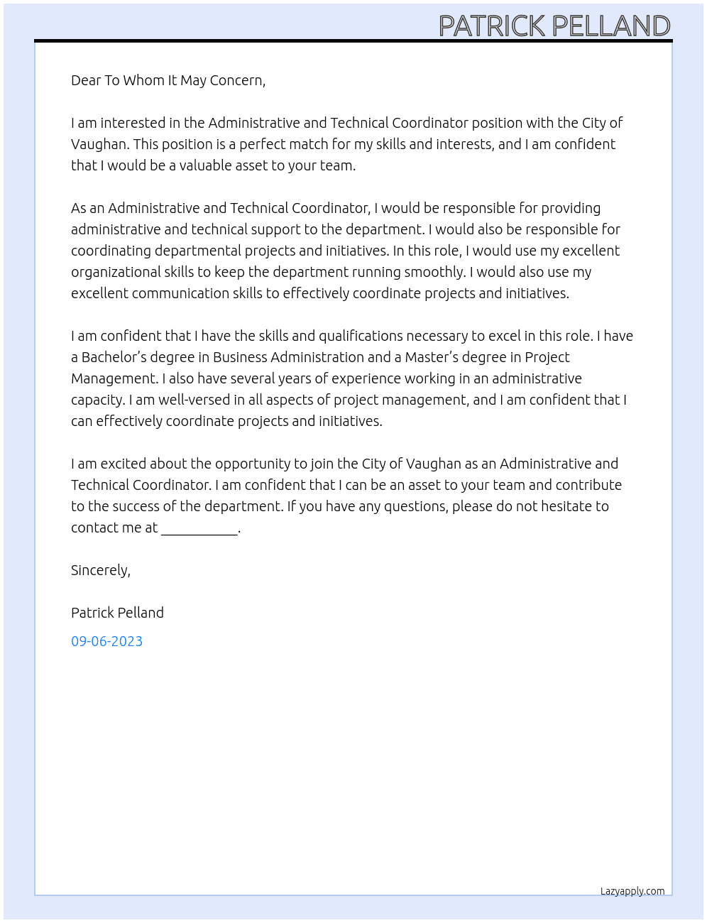 Administrative and Technical Coordinator At City of Vaughan Cover Letter