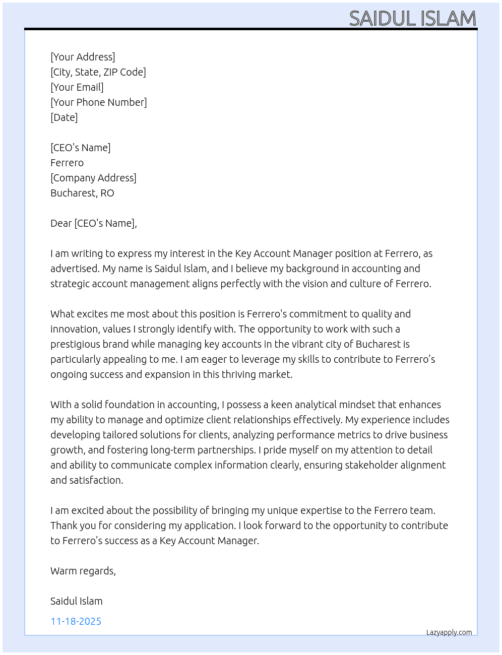 Key Account Manager At ferrero Cover Letter