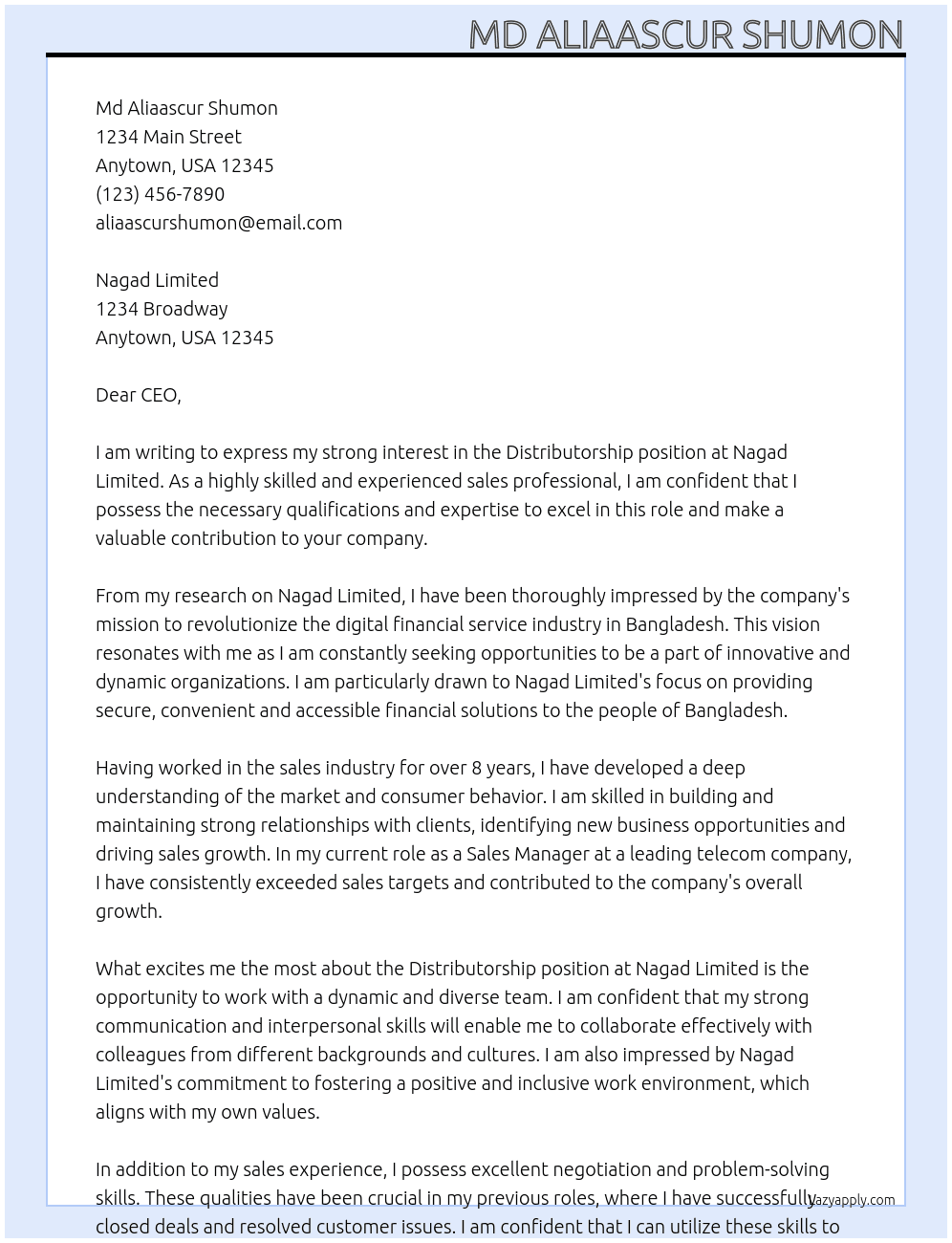 Ditributorship At Nagad Limited Cover Letter