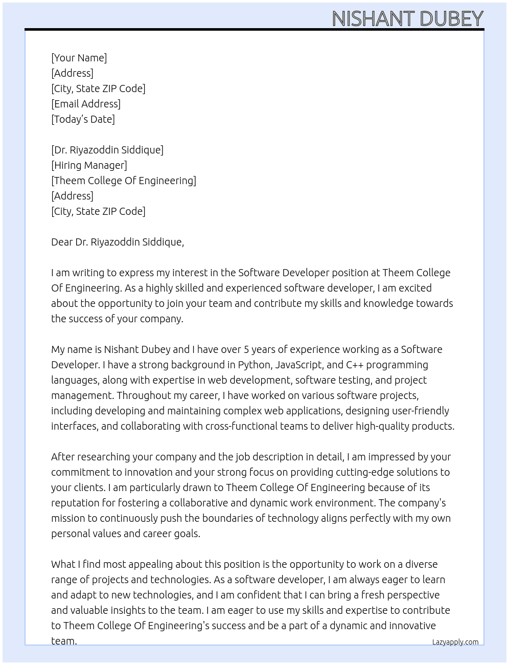 Software Developer  At Theem College Of Engineering  Cover Letter