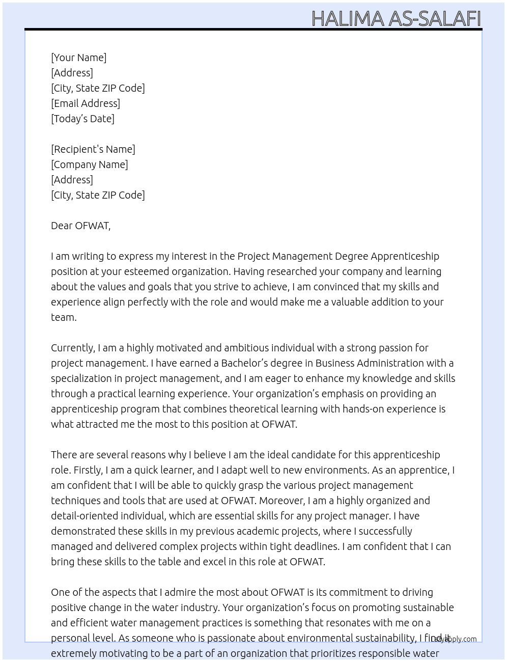 Project management degree apprenticeship  At OFWAT Cover Letter