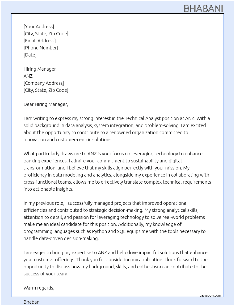 technical analyst At ANZ Cover Letter
