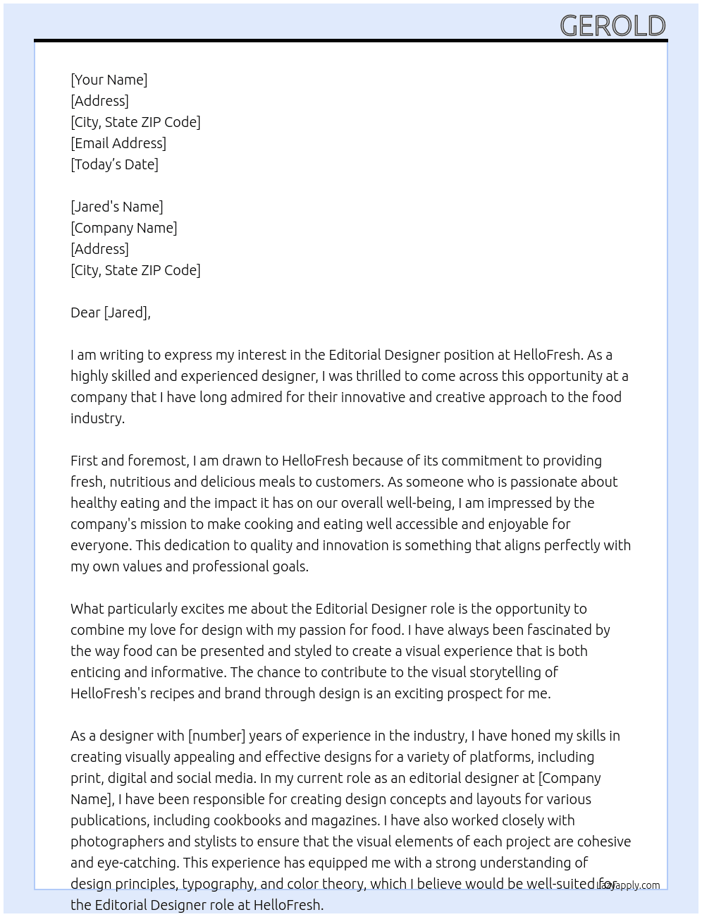 Editorial Designer At HelloFresh Cover Letter