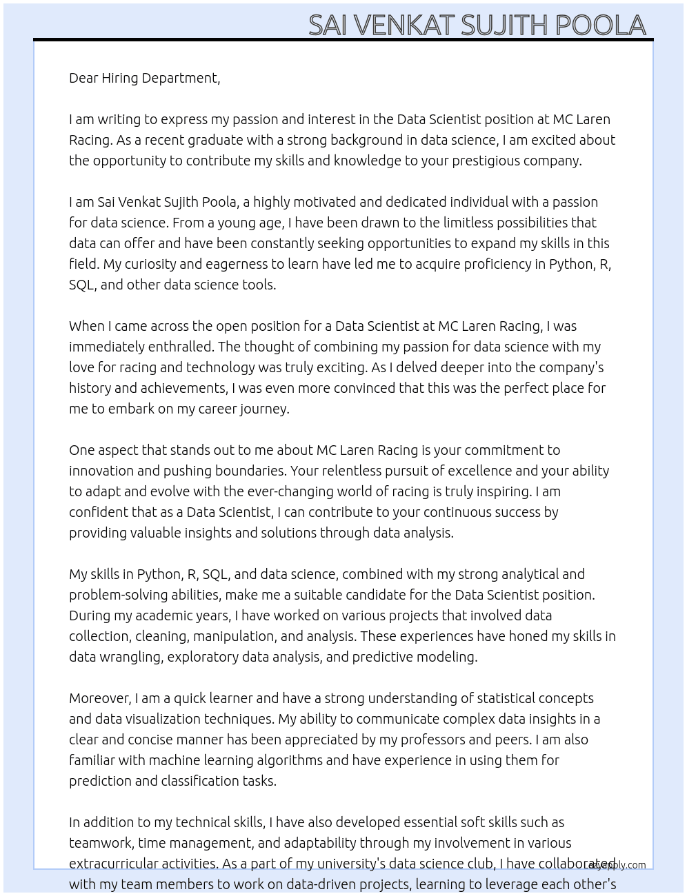 Data scientist  At MC Laren Racing  Cover Letter