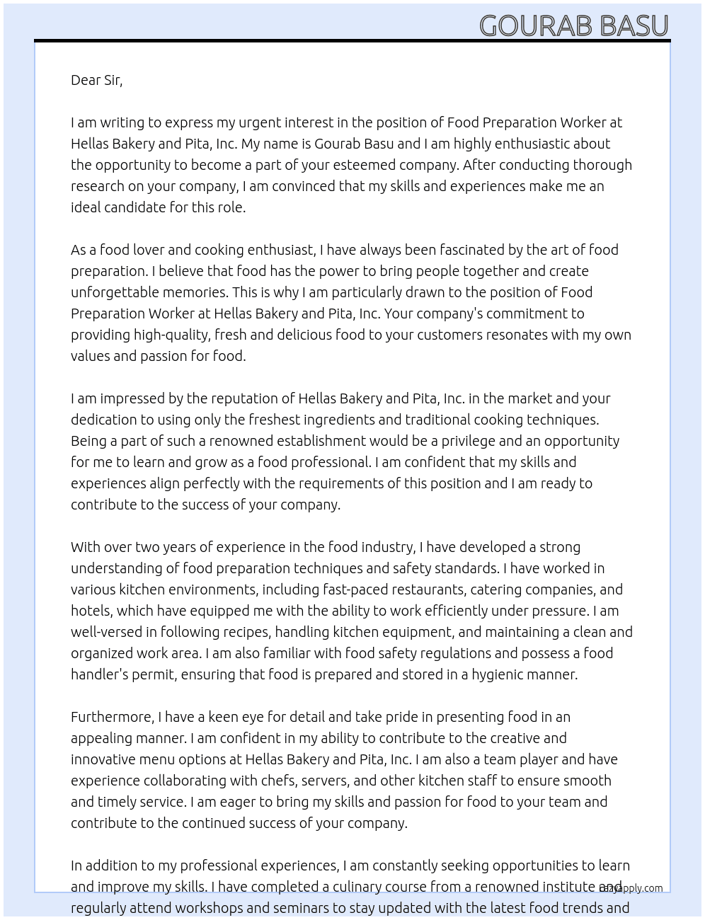 Food Preparation Worker  At Hellas Bakery and Pita, Inc. Cover Letter