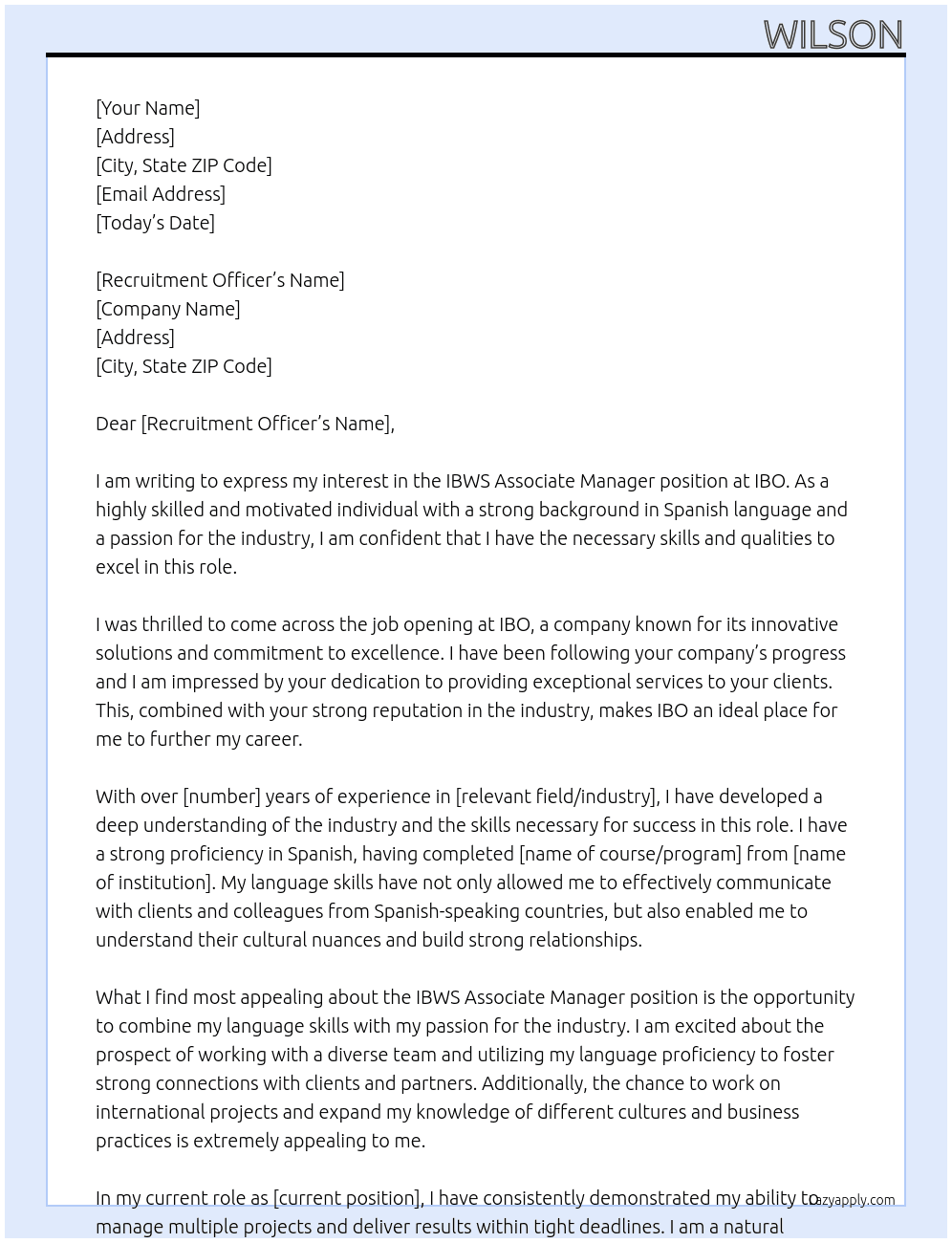 IBWS Associate Manager At IBO Cover Letter