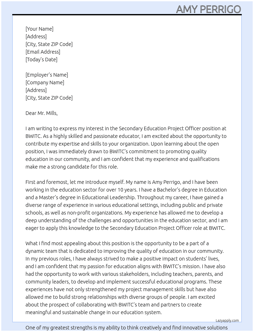 Secondary Education Project Officer At BWITC Cover Letter