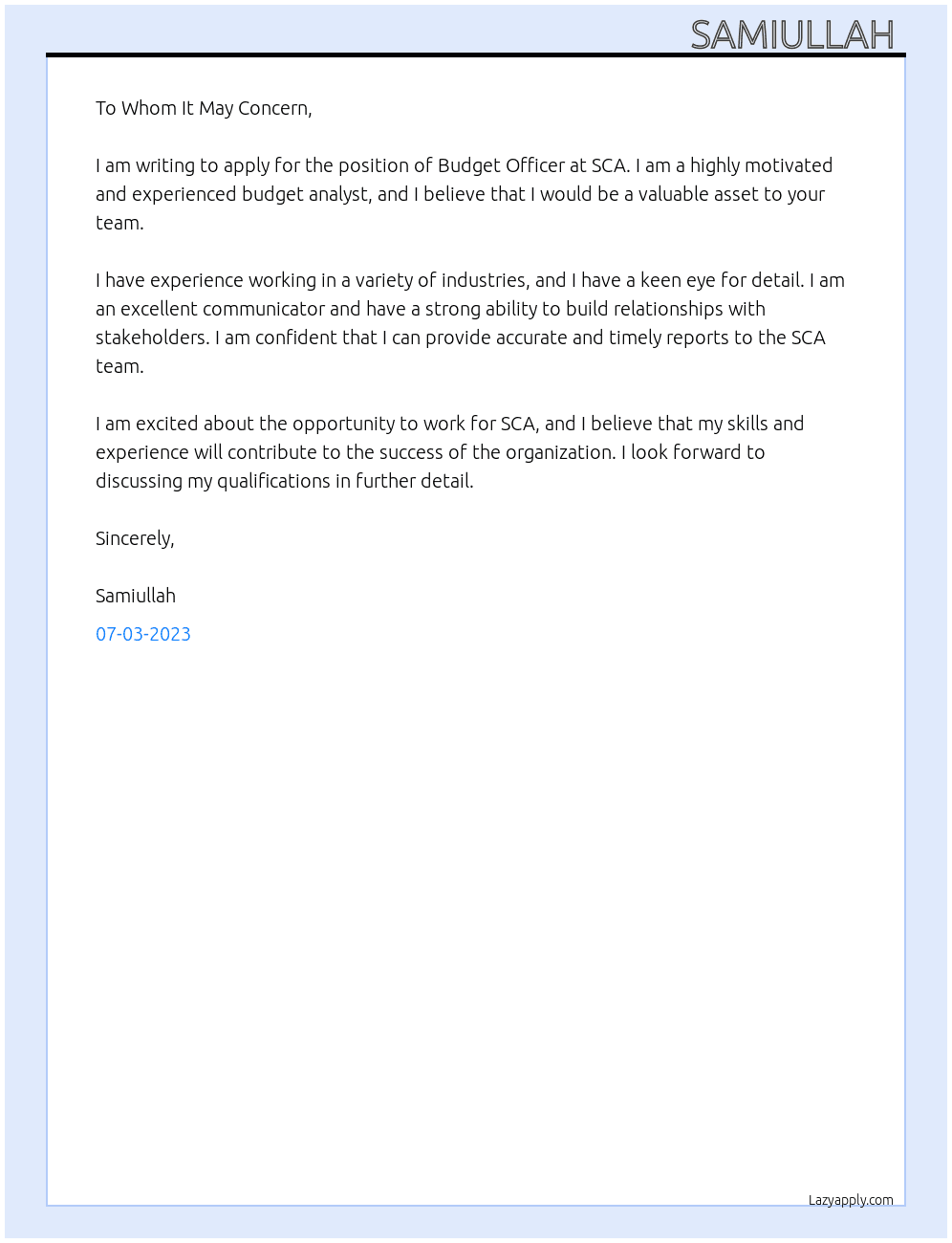 Budget officer  At SCA Cover Letter