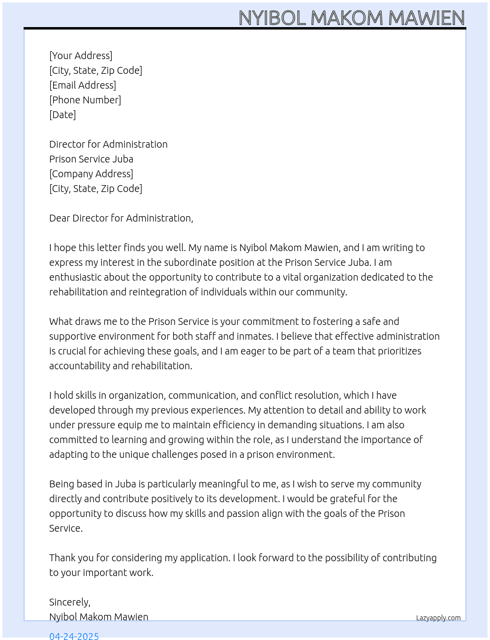 Subordinate At Prison Service Juba Cover Letter
