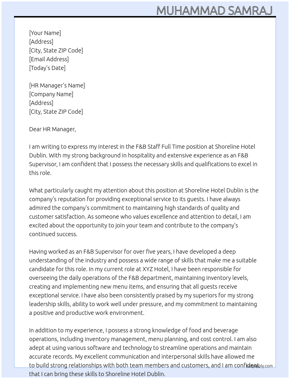 F&B Staff Full Time At Shoreline Hotel Dublin Cover Letter