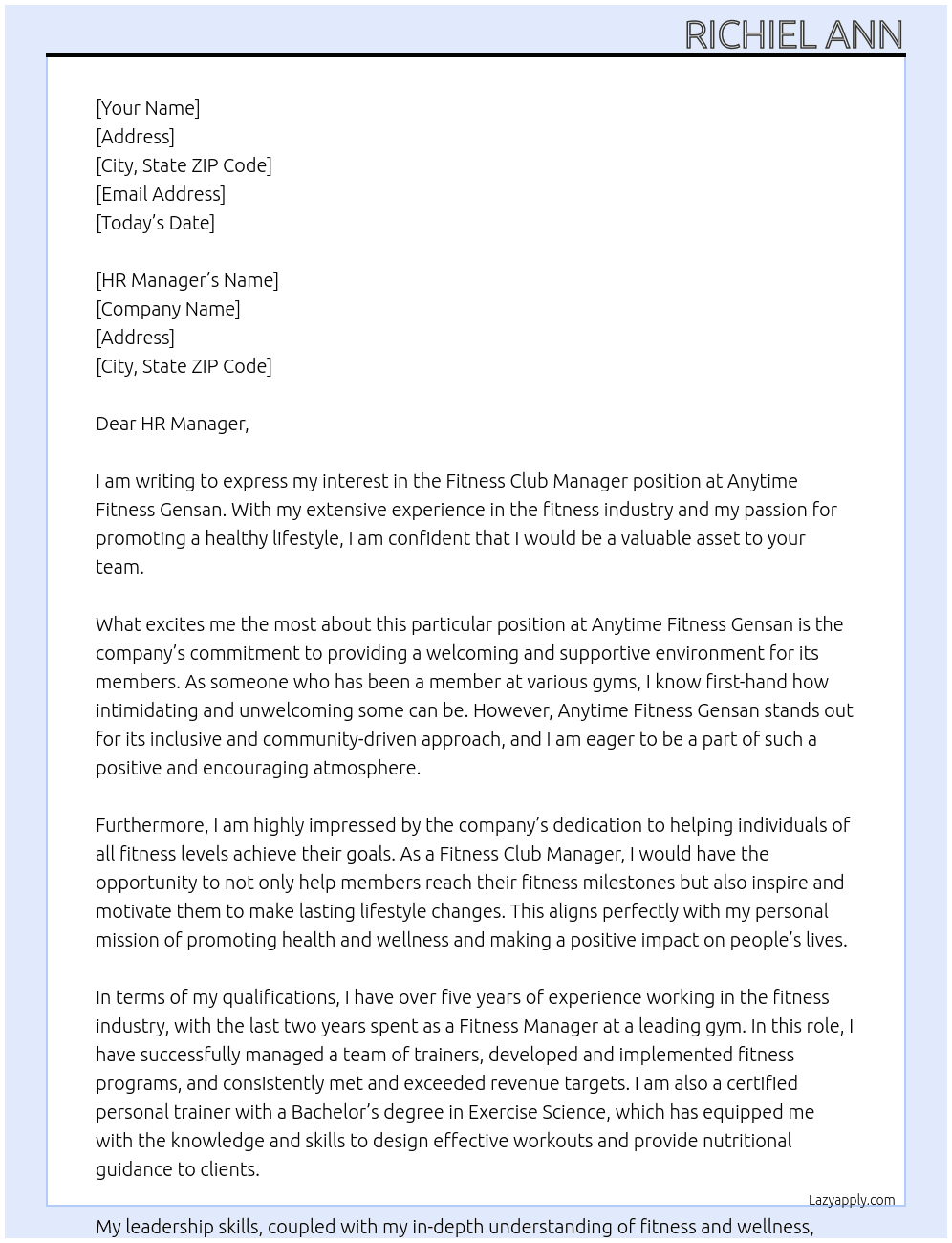 FITNESS CLUB MANAGER At ANYTIME FITNESS GENSAN Cover Letter