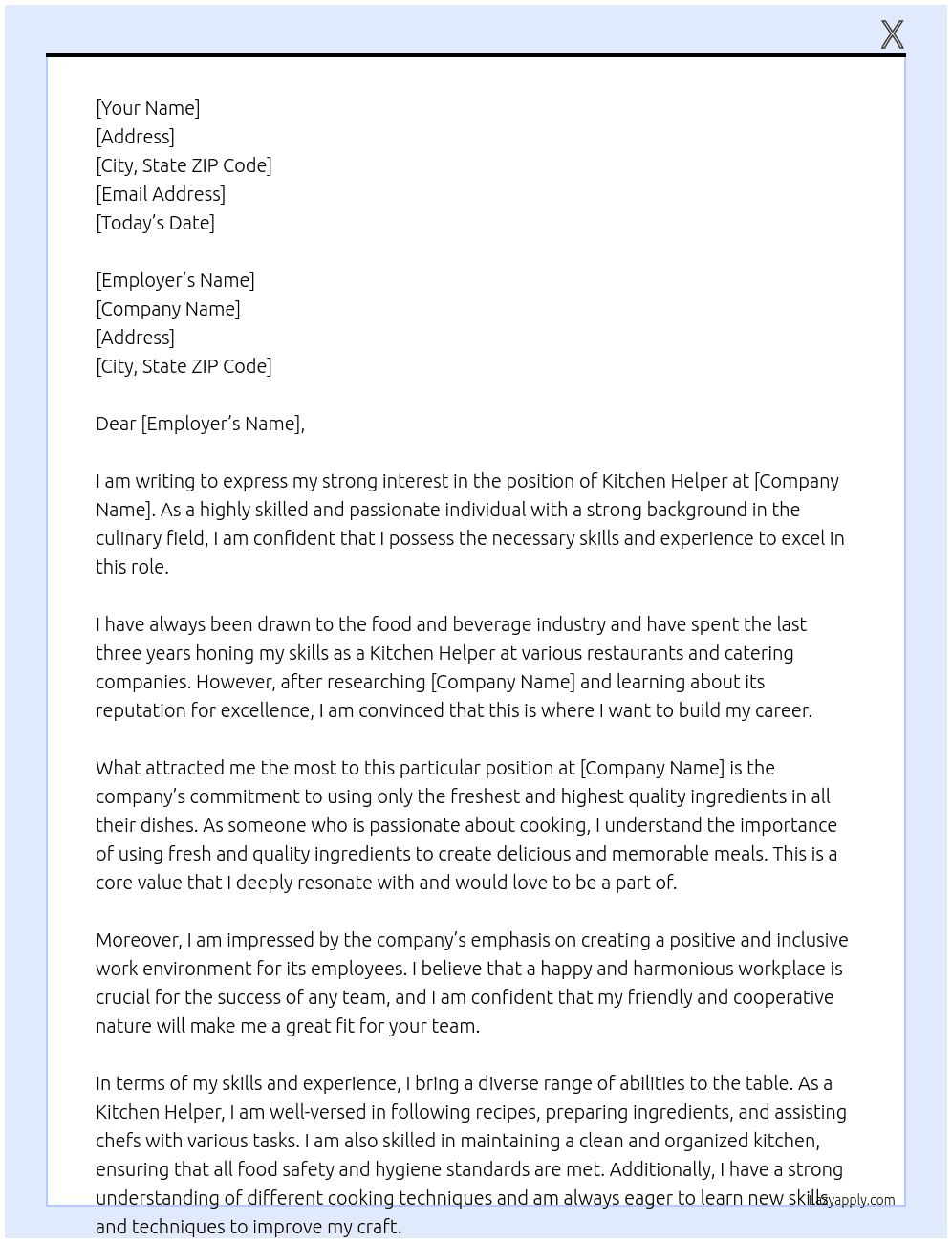 kitchen helper At x Cover Letter