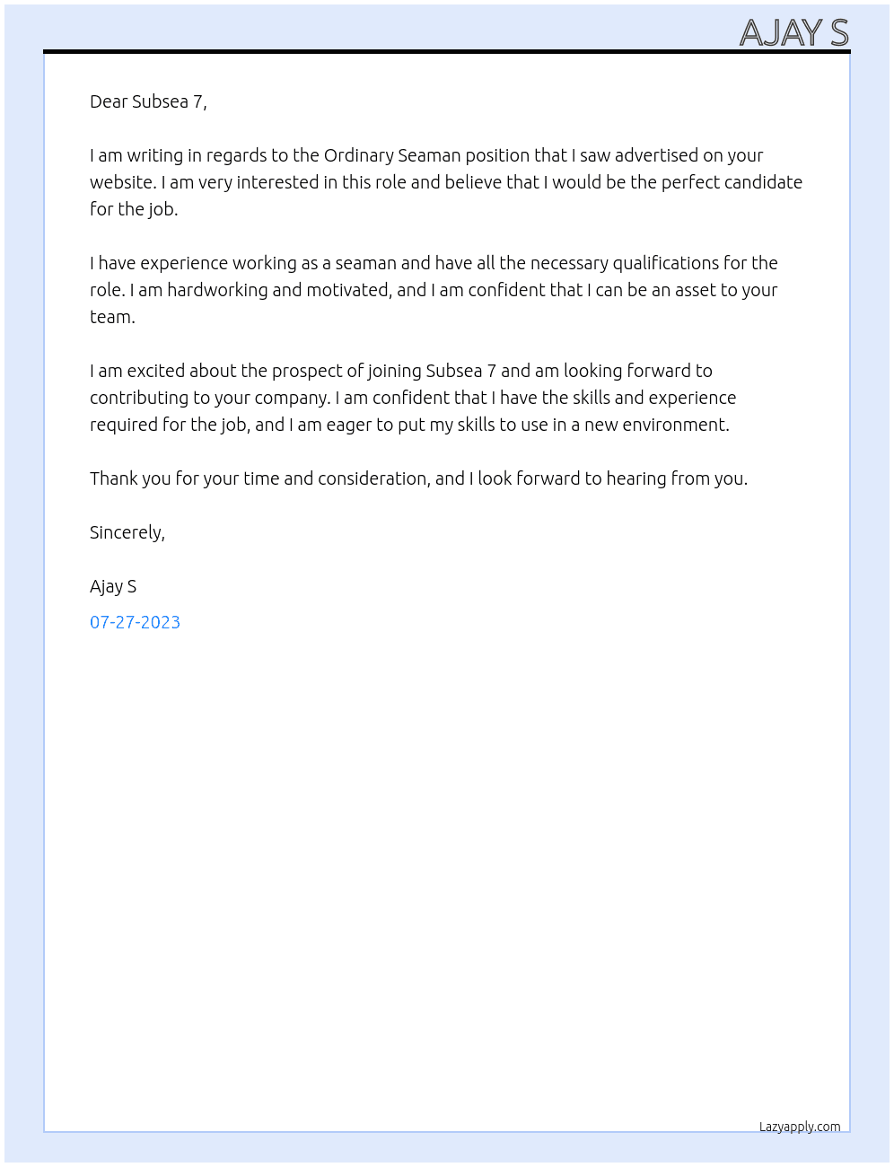 Ordinary Seaman  At Subsea 7 Cover Letter