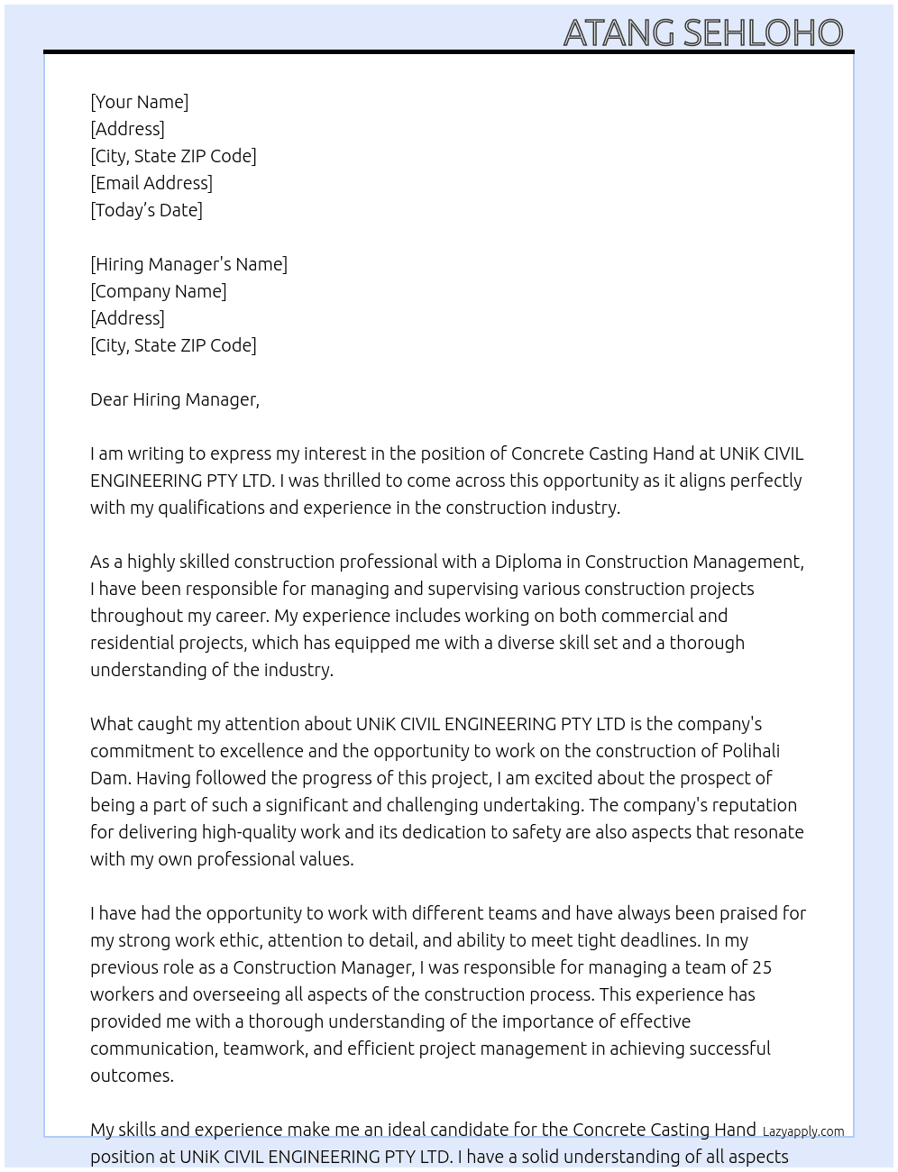 Concrete casting hand At UNiK CIVIL ENGEERING PTY LTD Cover Letter