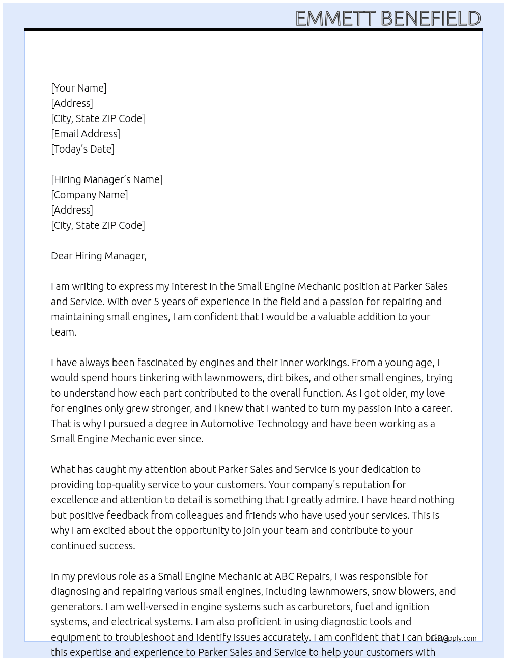 Small engine mechanic At Parker sales and service  Cover Letter