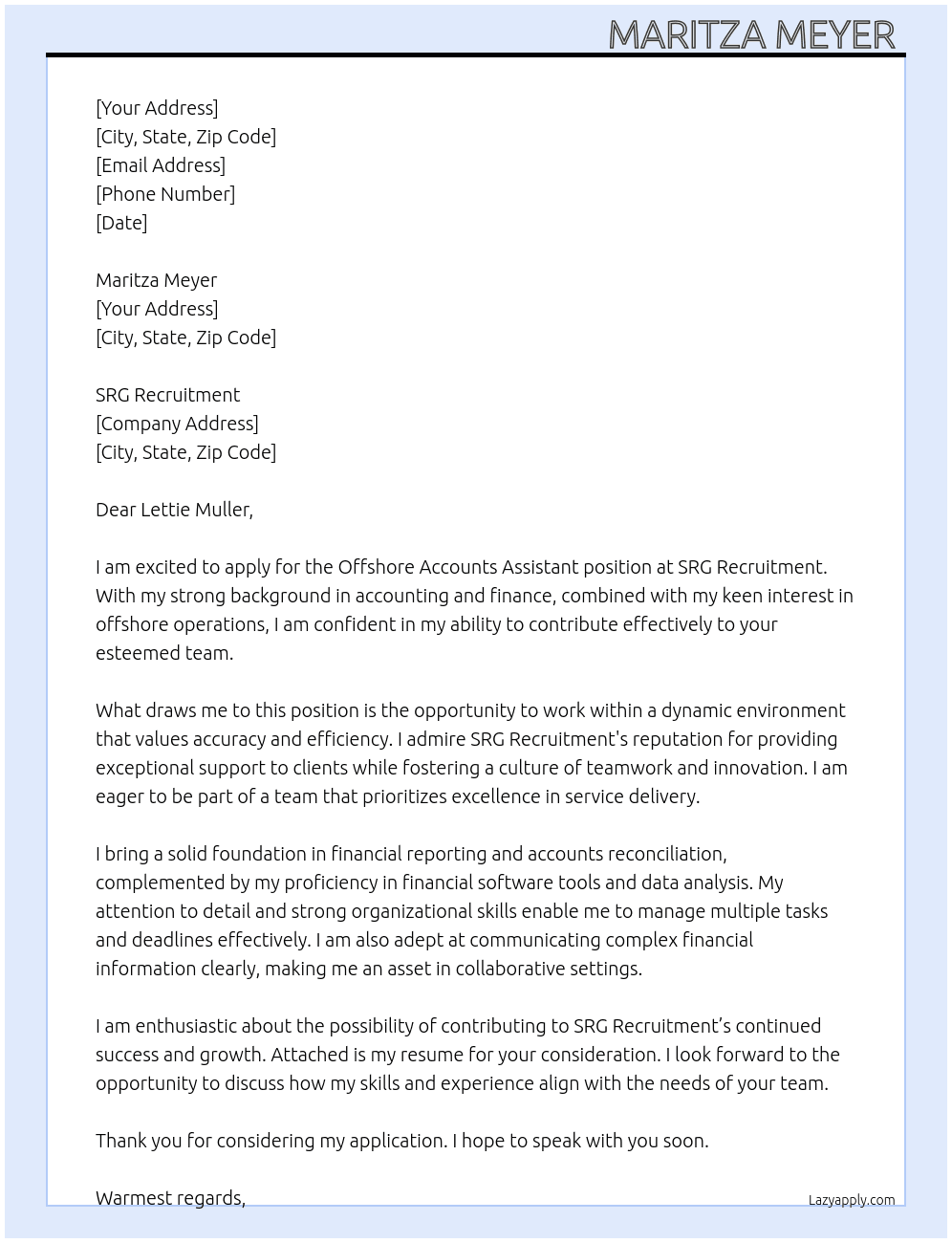 Offshore Accounts Assistant  At SRG Recruitment  Cover Letter