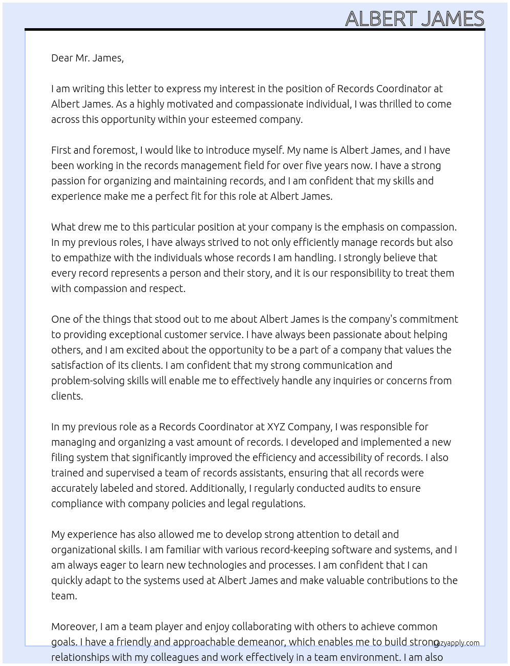 Records Coordinator At Albert James Cover Letter