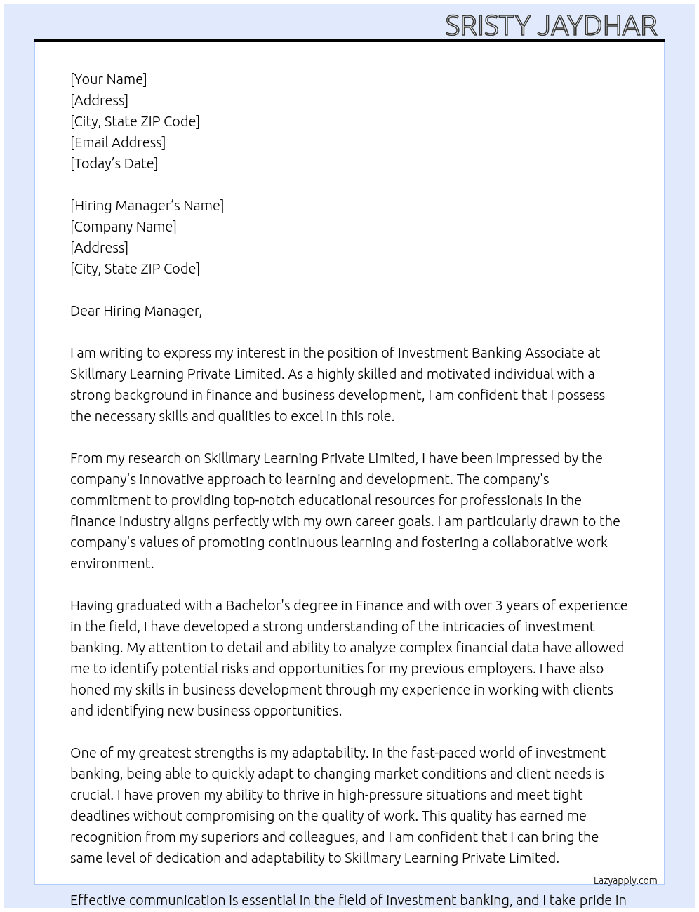 Investment banking associate  At Skillmary learning private limited  Cover Letter