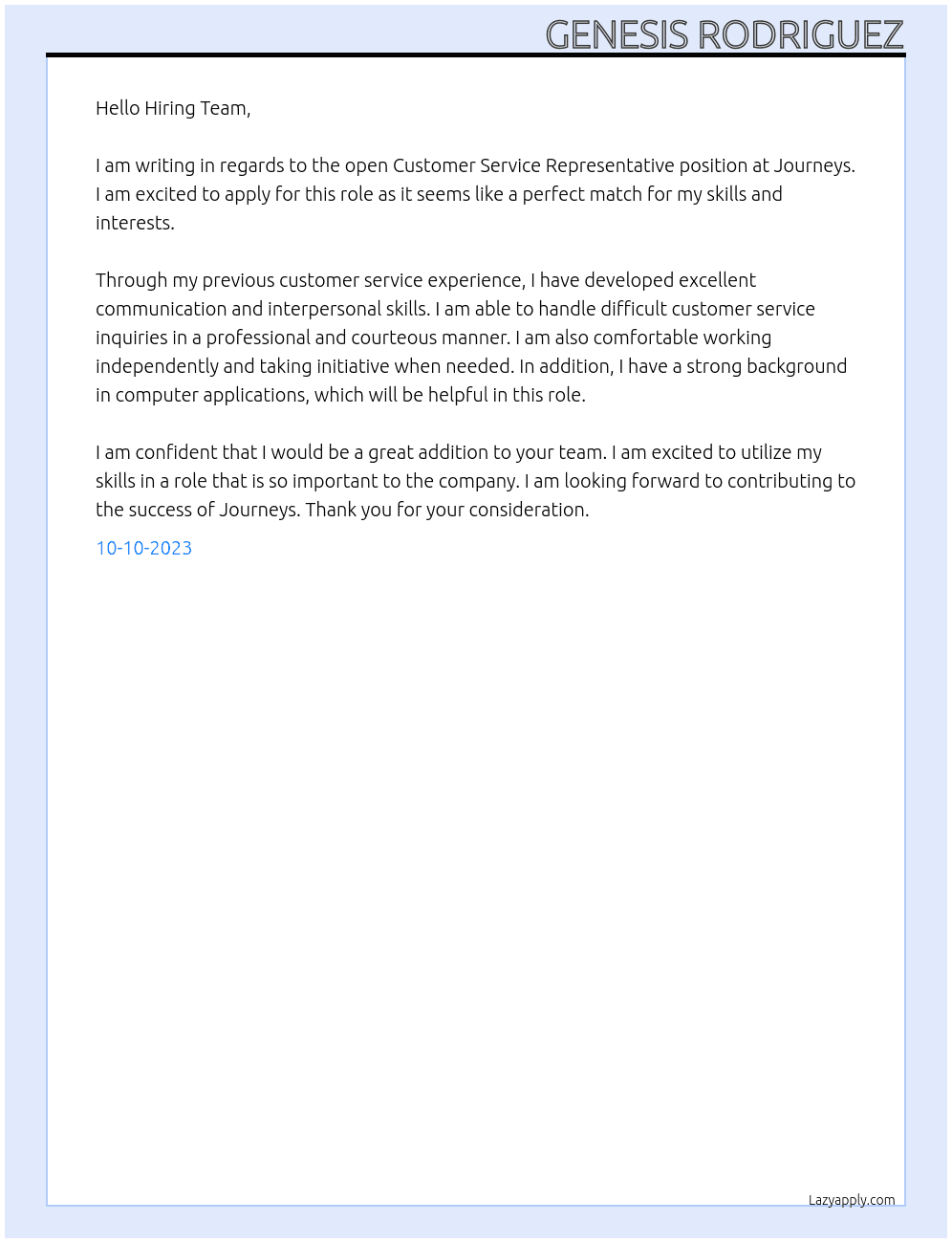 Customer Service Representative At Journeys Cover Letter