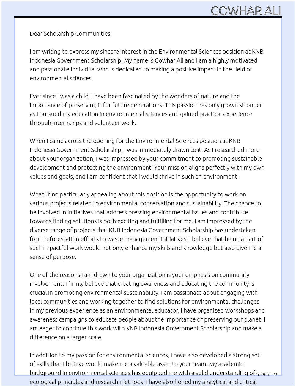 Environmental sciences At KNB Indonesia Government Scholarship  Cover Letter