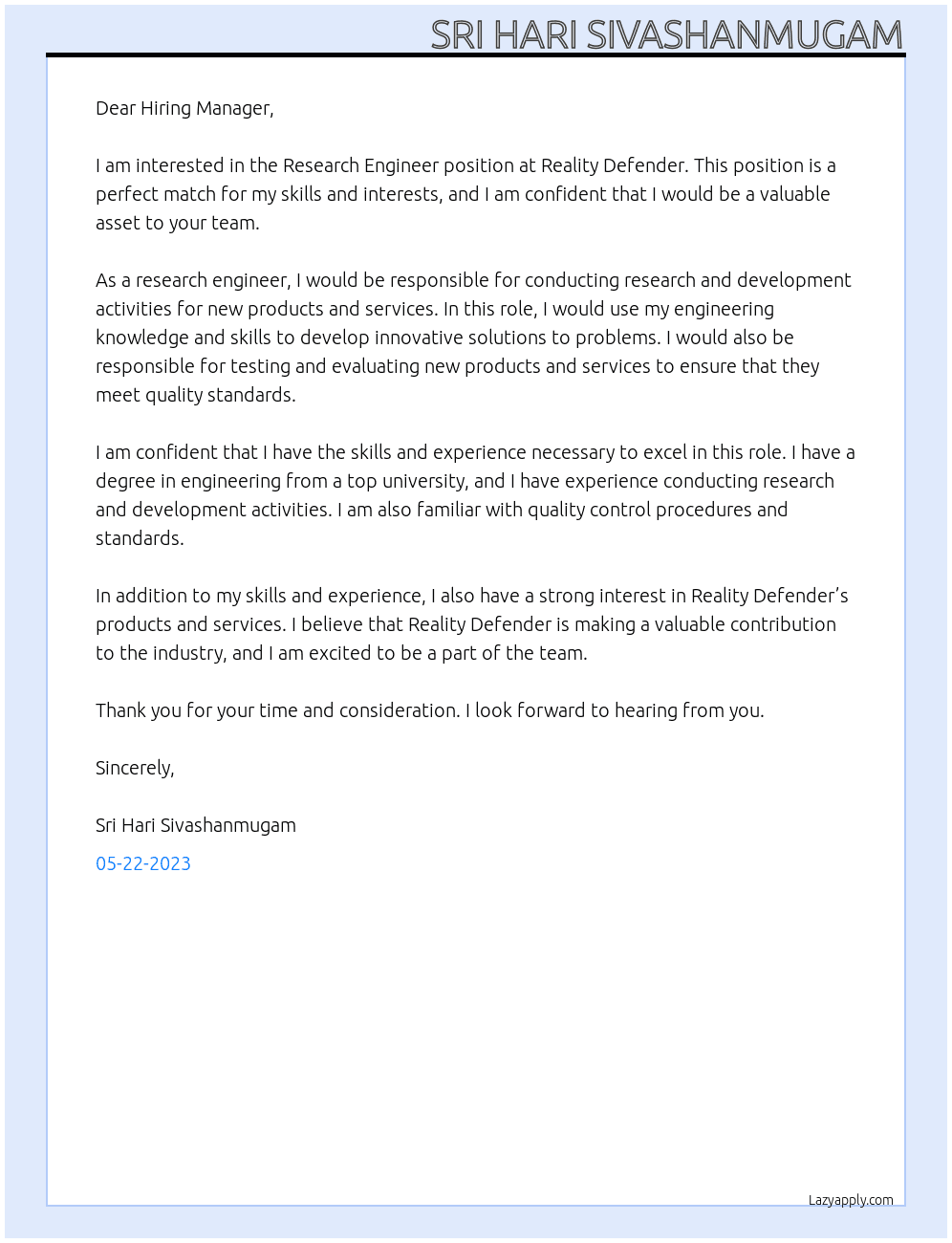 Research Engineer At Reality Defender Cover Letter