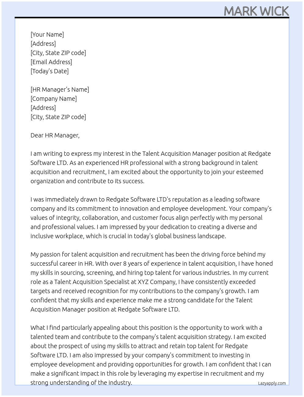 Talent Acquisition  Manager At Redgate Software LTD Cover Letter