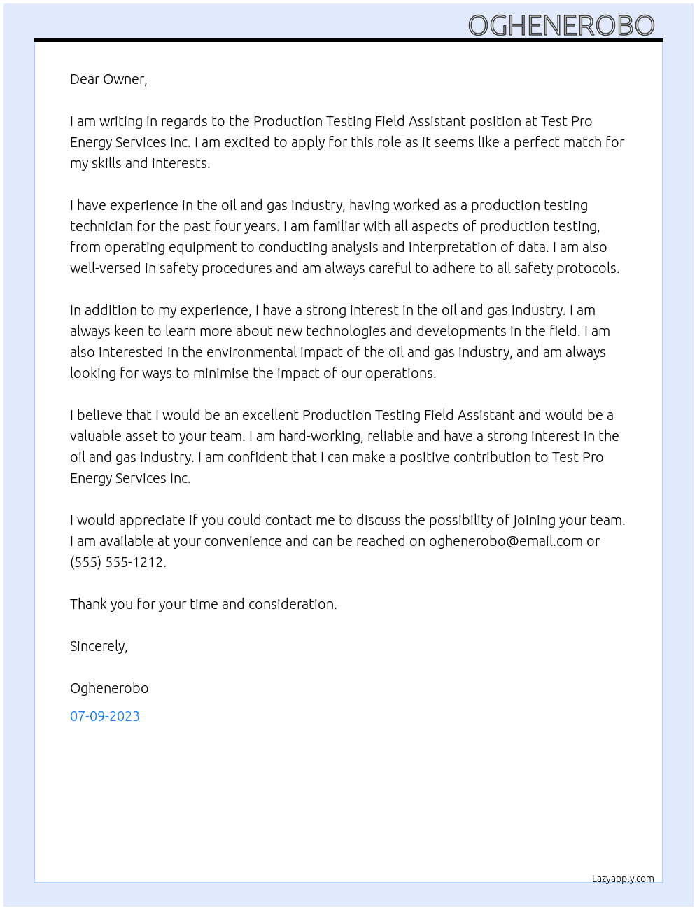 Production Testing Field Assistant At Test Pro Energy Services Inc. Cover Letter