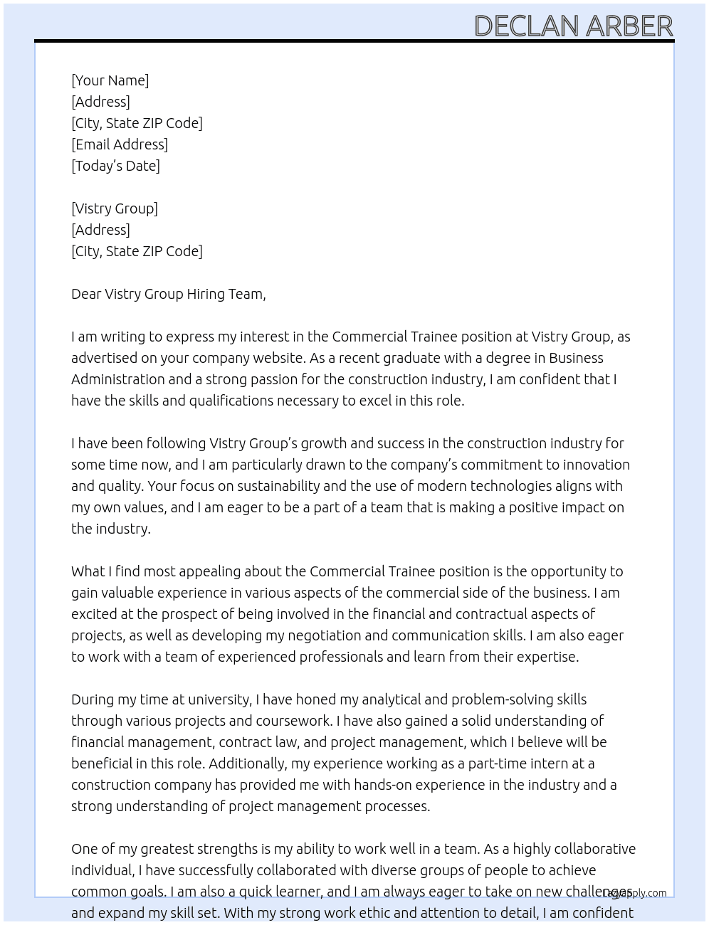 Commercial Trainee At Vistry Group Cover Letter